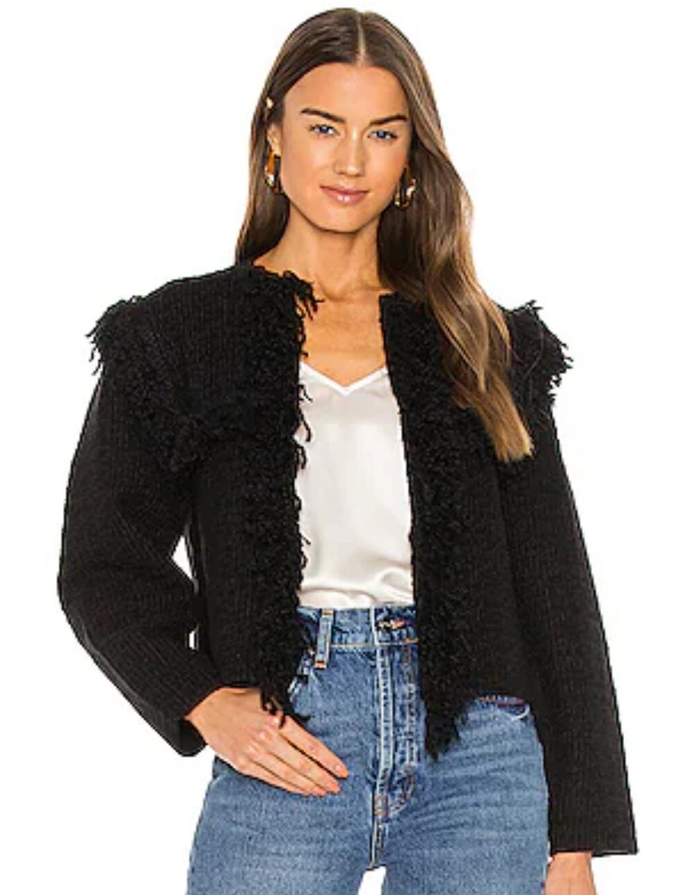 All Saints Ashley Black Tassel Tweed Open Wool Jacket Size Medium
